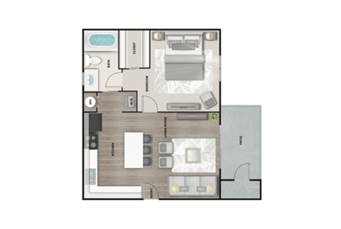 Floor plan for 1 bed, 1 bath, 700 sqft
